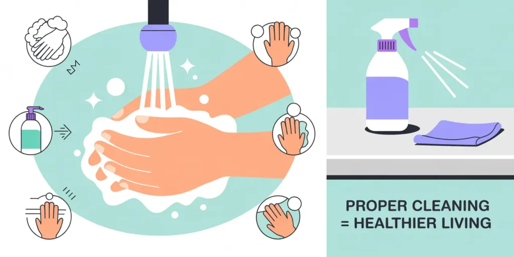 HFMD prevention infographic showing proper hand hygiene and disinfection techniques for adults